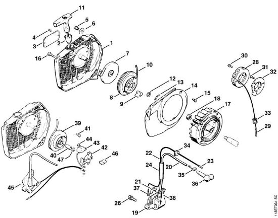 Dispositivo avviamento (Saltarello), impianto di accensione (elettronico) Motoseghe a benzina (MS) 028 della marca STIHL