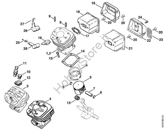 Cilindro, silenziatore Motoseghe a benzina (MS) 024 SW della marca STIHL