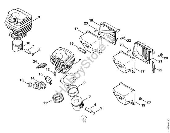 Cilindro, silenziatore Motoseghe a benzina (MS) 028 della marca STIHL