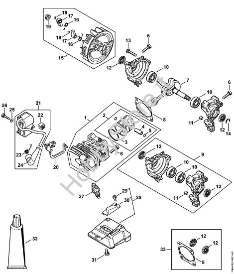 Cilindro con pistone, impianto di accensione Motoseghe a benzina (MS) MS 151 C-E della marca STIHL
