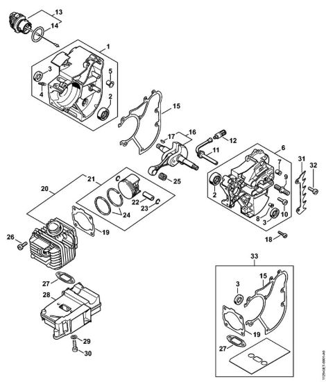 Carter albero a gomito, cilindro MS 200 Motoseghe a benzina (MS) MS 200 della marca STIHL