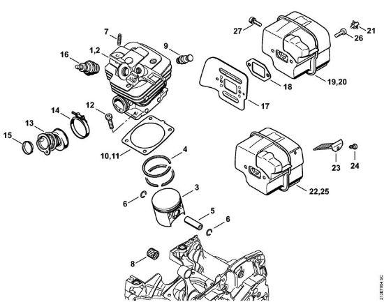Cilindro, silenziatore Motoseghe a benzina (MS) MS 361-VW della marca STIHL