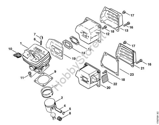 Cilindro, silenziatore Motoseghe a benzina (MS) MS 340 della marca STIHL