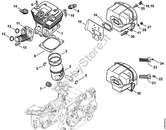 Cilindro, silenziatore Motoseghe a benzina (MS) MS 441 della marca STIHL