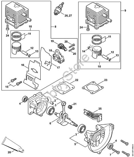 Carter albero a gomito, cilindro Decespugliatrici spalleggiabilli (FR) FR 85 T della marca STIHL