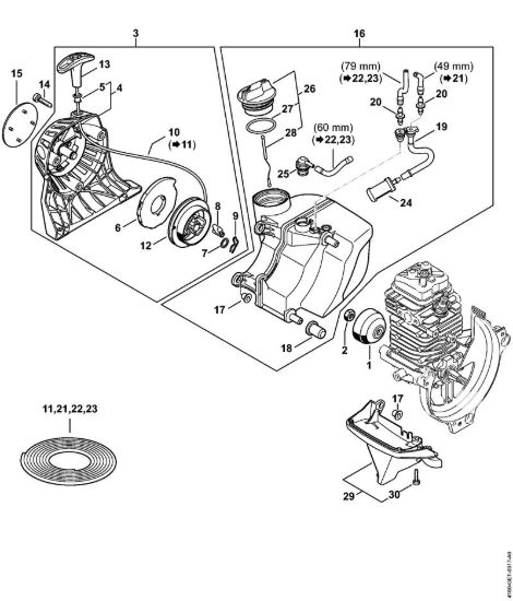 Dispositivo di avviamento, serbatoio carburante Motori Kombi (KM) KM 131 della marca STIHL