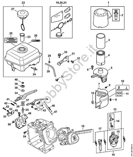 Serbatoio carburante, Carburatore, Comando gas, Corpo filtro, filtro aria Idropulitrice a benzina (RB) RB 600 della marca STIHL
