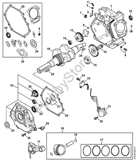 Carter albero a gomito, pistone, Albero a gomito, Sistema di lubrificazione Idropulitrice a benzina (RB) RB 800 della marca STIHL