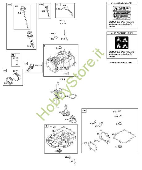 D - Albero a camme, albero motore, cilindro, set guarnizione, pistone/segmento pistone/biella, coppa ed etichetta indicazione di pericolo B&S - 09 €¦ 093J02-0079-H1 brand Stihl