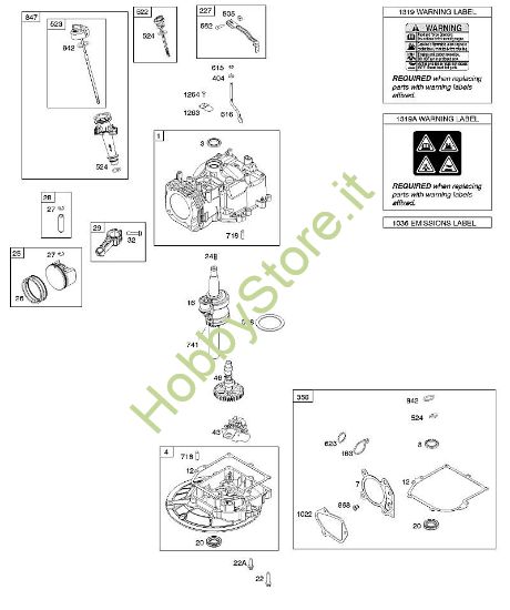 D - Albero a camme, albero motore, cilindro, set guarnizione, pistone/segmento pistone/biella, coppa ed etichetta indicazione di pericolo B&S - 09 €¦ 09P702-0044-F1 brand Stihl